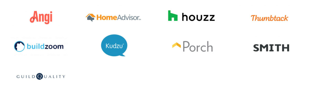 Home Services Review Sites Angi, HomeAdvisor, houzz, Thumbtack, buildzoom, Kudzu, Porch, SMITH, Guild Quality