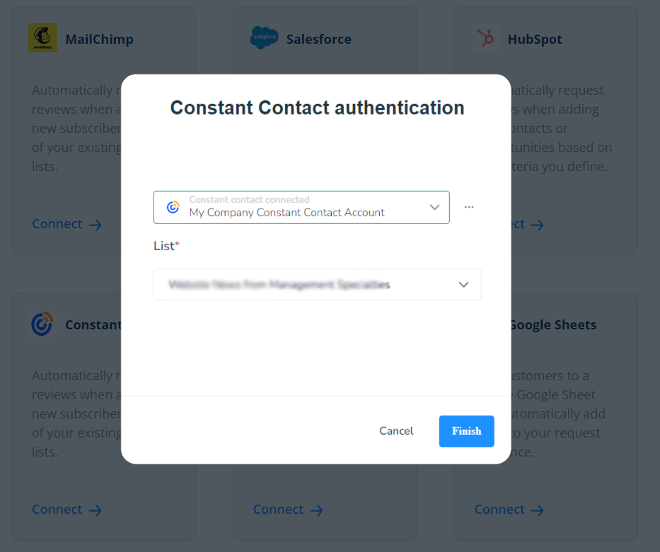 Dashboard Integrations - Constant Contact