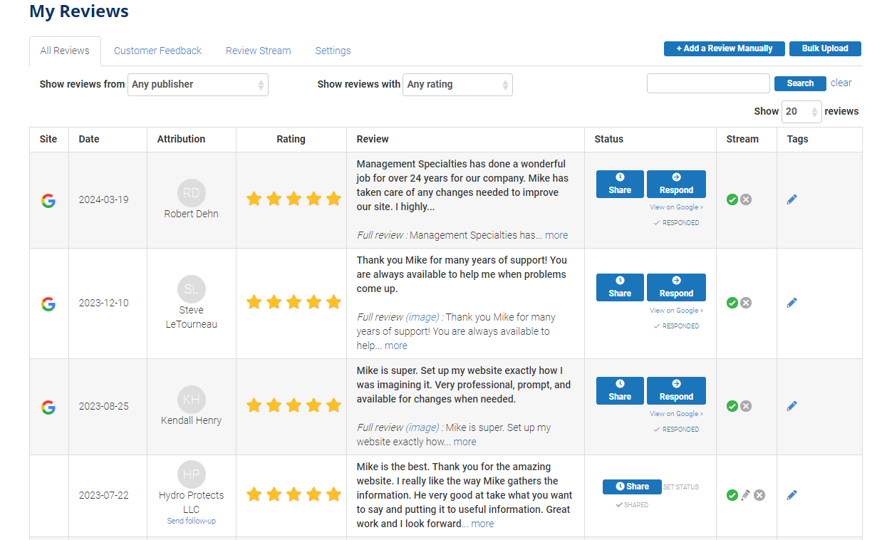 Get More Online Reviews Dashboard - My Reviews - All Reviews Tab