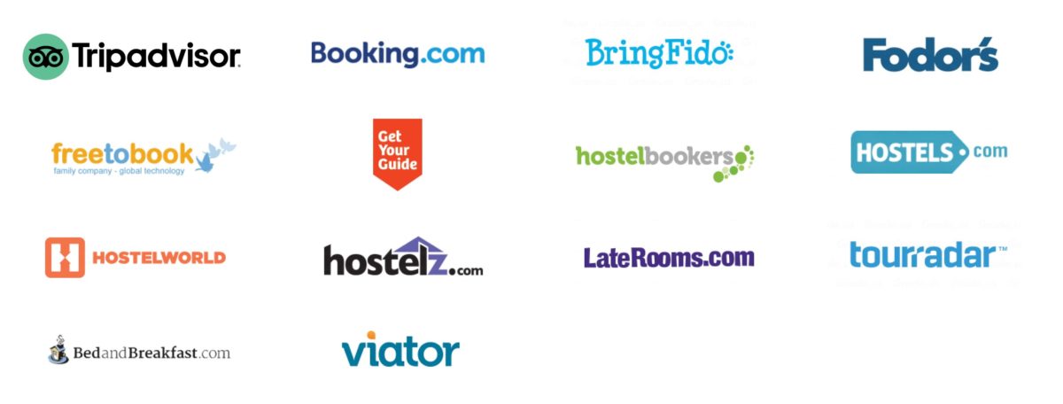 Hospitality Review Sites Tripadvisor, Booking.com, BringFido, Fodor’s, freetobook, getyourguide, hostelbookers, HOSTELS.com, HOSTELWORLD, hostelz.com, LateRooms.com, tourradar, BedandBreakfast.com, viator
